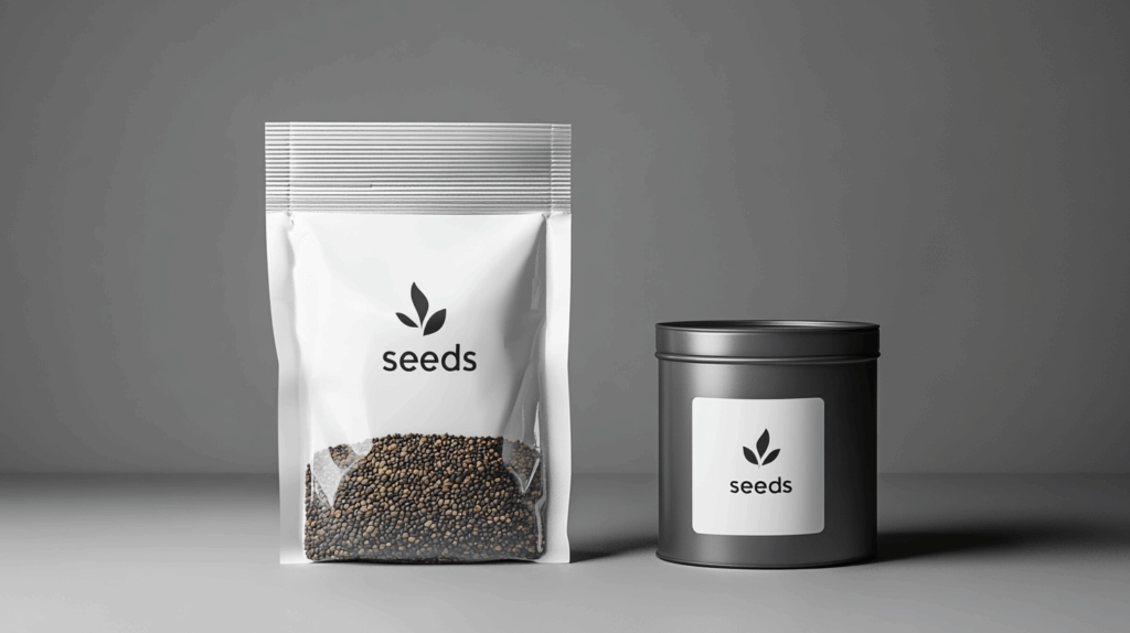 Plastic seed pouch & metal tin for seed storage and packaging